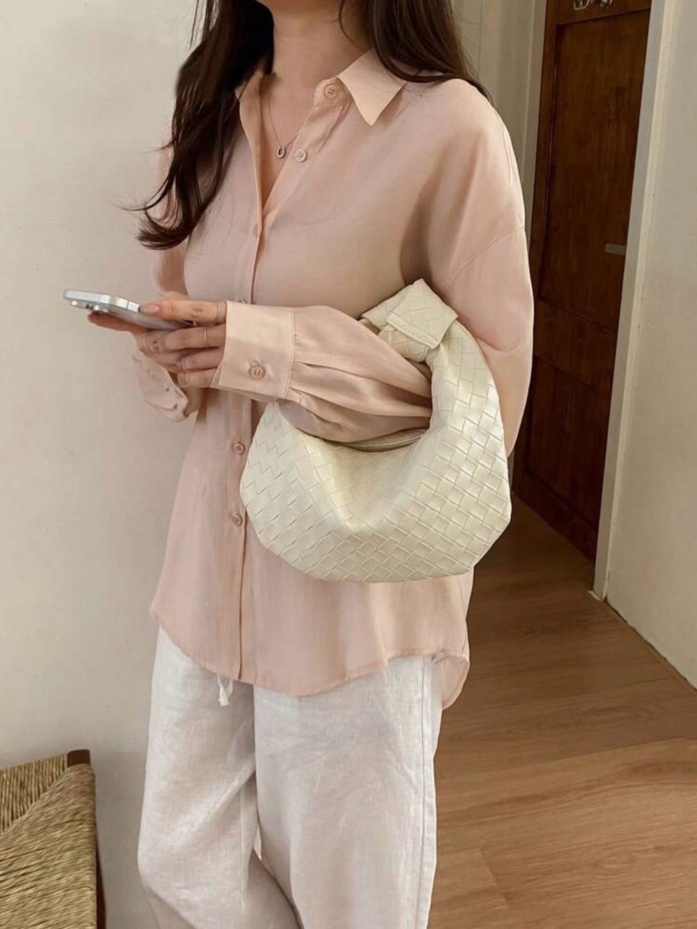 Woven Hobo Shoulder Bag - Cream